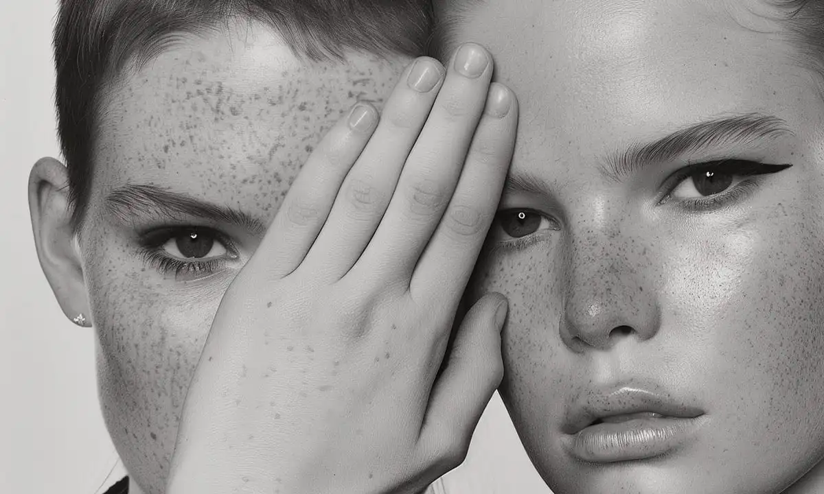A portrait of two female models partially hiding their faces with their hands in white and black
