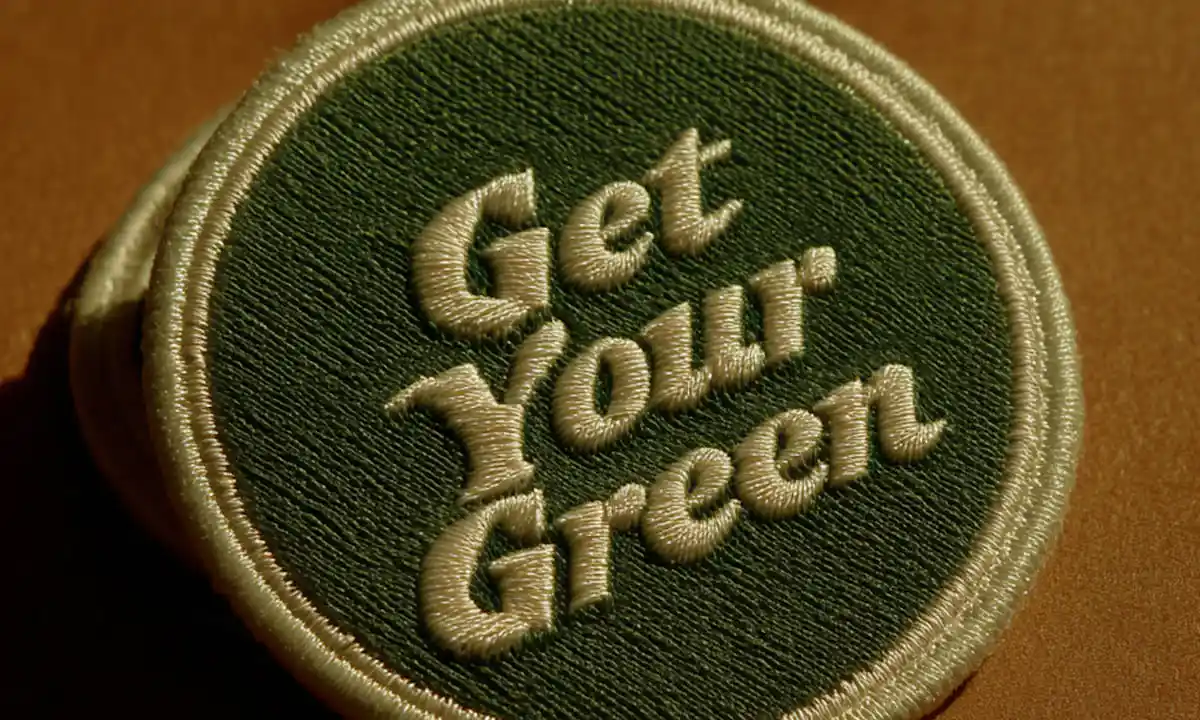 A patch embroidered with the words ‘get your green