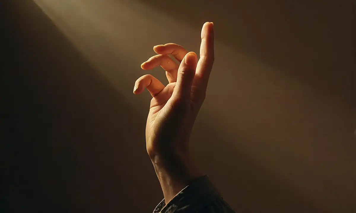 A raised hand with the index finger pointing upward 