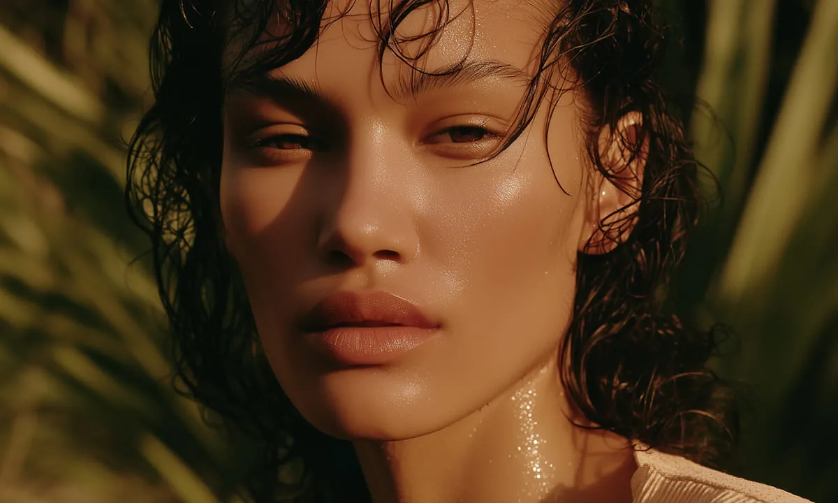 A portrait of a female model with vegetation in the background