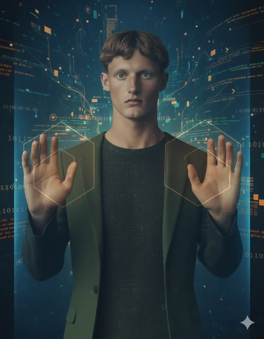 A person facing a data logging screen, security theme.